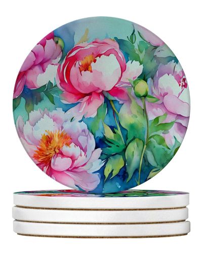 Peonies in Watercolor Large Sandstone Coasters Pack of 4 Absorbent Round Coasters Decor Gifts for Men or Women, 4 in, Multicolor