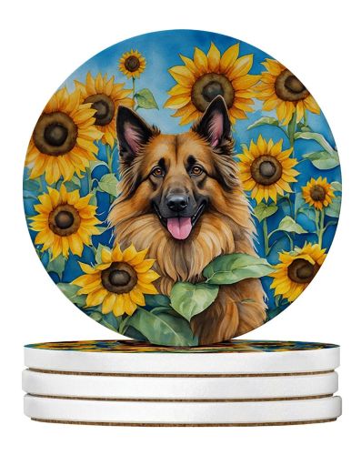 Belgian Tervuren in Sunflowers Large Sandstone Coasters Pack of 4 Absorbent Round Coasters Decor Gifts for Men or Women, 4 in, Multicolor