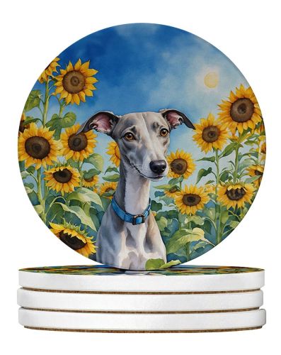 Whippet in Sunflowers Large Sandstone Coasters Pack of 4 Absorbent Round Coasters Decor Gifts for Men or Women, 4 in, Multicolor