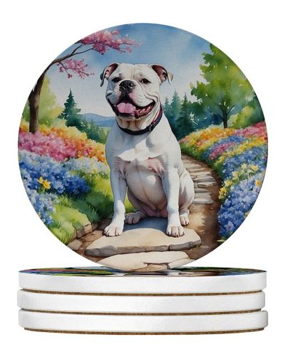American Bulldog Spring Garden Large Sandstone Coasters Pack of 4 Absorbent Round Coasters Decor Gifts for Men or Women, 4 in, Multicolor