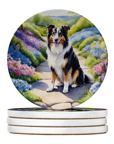Collie Spring Path Large Sandstone Coasters Pack of 4 Absorbent Round Coasters Decor Gifts for Men or Women, 4 in, Multicolor