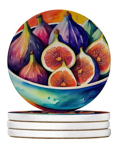 Colorful Figs Large Sandstone Coasters Pack of 4 Absorbent Round Coasters Decor Gifts for Men or Women, 4 in, Multicolor