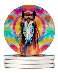 Hippie Animal Horse Large Sandstone Coasters Pack of 4 Absorbent Round Coasters Decor Gifts for Men or Women, 4 in, Multicolor