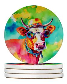 Hippie Animal Malvi Cow Large Sandstone Coasters Pack of 4 Absorbent Round Coasters Decor Gifts for Men or Women, 4 in, Multicolor