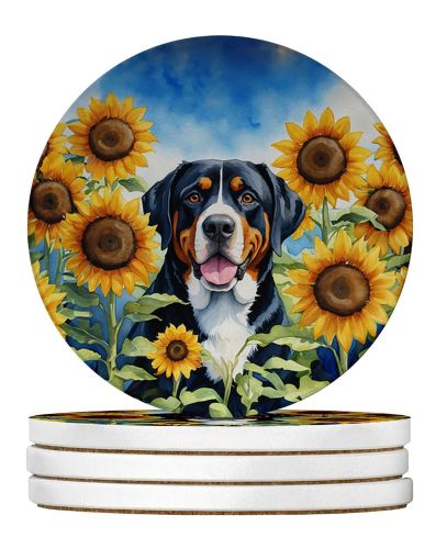 Greater Swiss Mountain Dog in Sunflowers Large Sandstone Coasters Pack of 4 Absorbent Round Coasters Decor Gifts for Men or Women, 4 in, Multicol