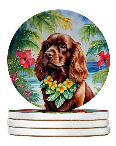 Sussex Spaniel Luau Large Sandstone Coasters Pack of 4 Absorbent Round Coasters Decor Gifts for Men or Women, 4 in, Multicolor