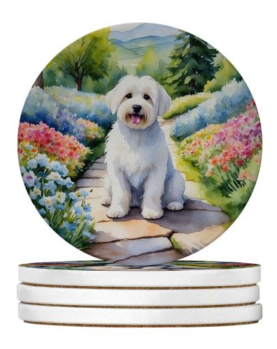 Coton de Tulear Spring Path Large Sandstone Coasters Pack of 4 Absorbent Round Coasters Decor Gifts for Men or Women, 4 in, Multicolor