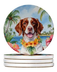 Brittany Spaniel Luau Large Sandstone Coasters Pack of 4 Absorbent Round Coasters Decor Gifts for Men or Women, 4 in, Multicolor