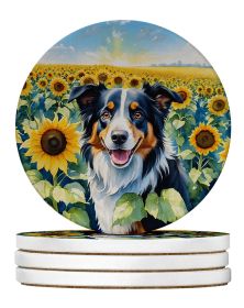 Border Collie in Sunflowers Large Sandstone Coasters Pack of 4 Absorbent Round Coasters Decor Gifts for Men or Women, 4 in, Multicolor