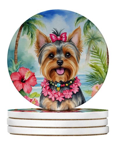 Yorkshire Terrier Luau Large Sandstone Coasters Pack of 4 Absorbent Round Coasters Decor Gifts for Men or Women, 4 in, Multicolor