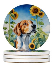 English Foxhound in Sunflowers Large Sandstone Coasters Pack of 4 Absorbent Round Coasters Decor Gifts for Men or Women, 4 in, Multicolor