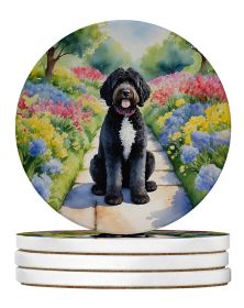 Portuguese Water Dog Spring Path Large Sandstone Coasters Pack of 4 Absorbent Round Coasters Decor Gifts for Men or Women, 4 in, Multicolor