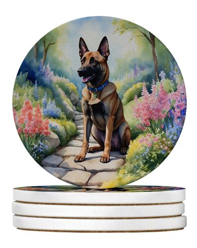 Belgian Malinois Spring Garden Large Sandstone Coasters Pack of 4 Absorbent Round Coasters Decor Gifts for Men or Women, 4 in, Multicolor