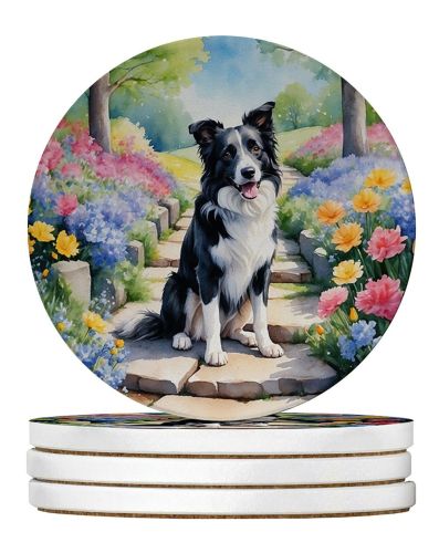 Border Collie Spring Path Large Sandstone Coasters Pack of 4 Absorbent Round Coasters Decor Gifts for Men or Women, 4 in, Multicolor