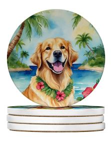 Golden Retriever Luau Large Sandstone Coasters Pack of 4 Absorbent Round Coasters Decor Gifts for Men or Women, 4 in, Multicolor