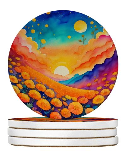 Colorful Marigolds Large Sandstone Coasters Pack of 4 Absorbent Round Coasters Decor Gifts for Men or Women, 4 in, Multicolor