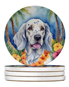 English Setter Luau Large Sandstone Coasters Pack of 4 Absorbent Round Coasters Decor Gifts for Men or Women, 4 in, Multicolor