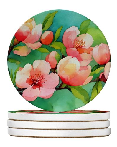 Delaware Peach Blossom in Watercolor Large Sandstone Coasters Pack of 4 Absorbent Round Coasters Decor Gifts for Men or Women, 4 in, Multicolor