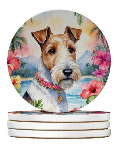 Fox Terrier Luau Large Sandstone Coasters Pack of 4 Absorbent Round Coasters Decor Gifts for Men or Women, 4 in, Multicolor