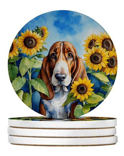 Basset Hound in Sunflowers Large Sandstone Coasters Pack of 4 Absorbent Round Coasters Decor Gifts for Men or Women, 4 in, Multicolor
