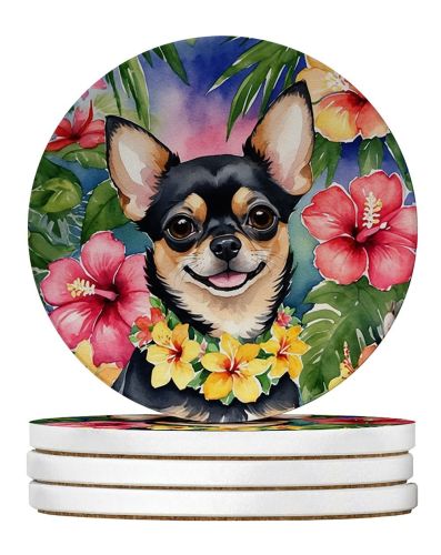 Chihuahua Luau Large Sandstone Coasters Pack of 4 Absorbent Round Coasters Decor Gifts for Men or Women, 4 in, Multicolor