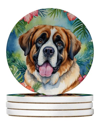 Saint Bernard Luau Large Sandstone Coasters Pack of 4 Absorbent Round Coasters Decor Gifts for Men or Women, 4 in, Multicolor