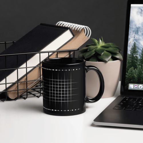 Aura Black Coffee Mugs with Grid design by HadiArts